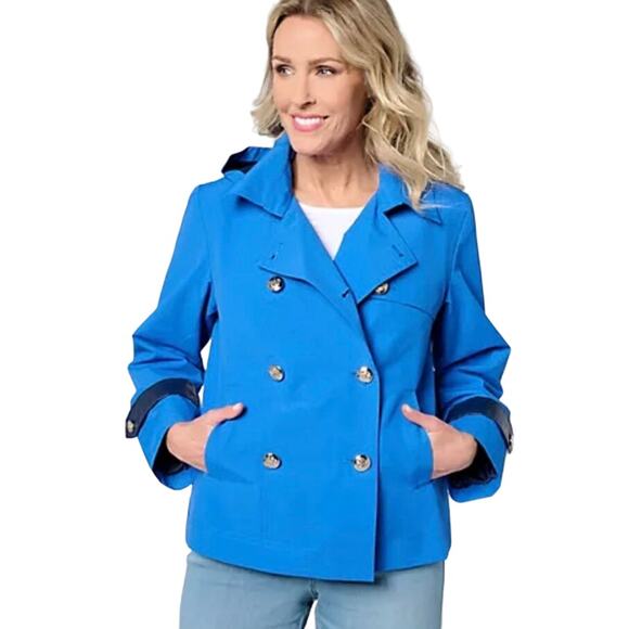 dennis basso Jackets & Blazers - QVC Dennis Basso Double Breasted Trench Coat Pop Color Detail BLUE NWOT SIZE M